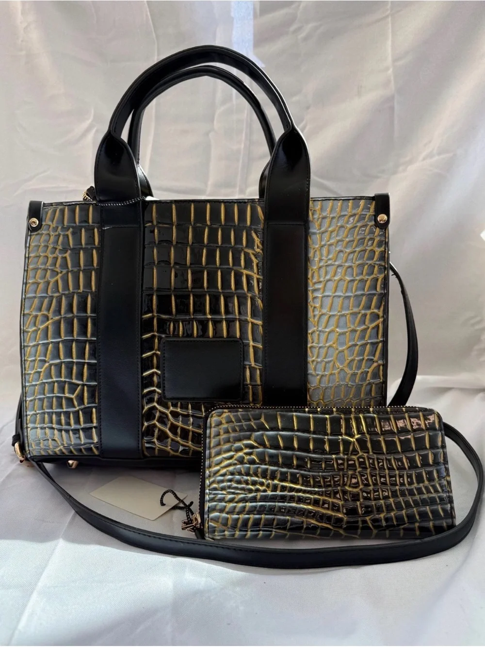 Black & Gold Croc-Embossed Tote with Matching Wallet - Women Bags